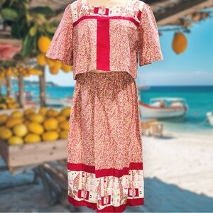 VTG Handmade 70s Cottagecore Peter Pan Fabric Floral Top Skirt Set Prairie OS